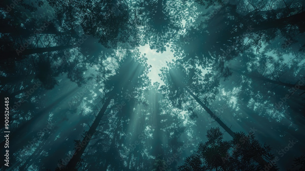 Poster a serene scene of sunlight shining through the trees in a forest, perfect for use as a backdrop or a