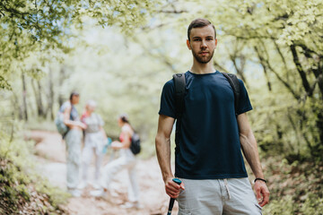Fototapeta premium Male hiker standing in a lush green forest with people in the background. He is holding a hiking pole in his hand.