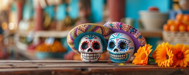 Background with sugar mexican skull and flowers. Symbol of day of the dead. Celebration of memorial day. Dia de muretos.