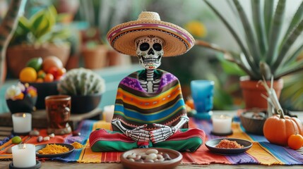 Naklejka premium Background with sugar mexican skull and flowers. Symbol of day of the dead. Celebration of memorial day. Dia de muretos.