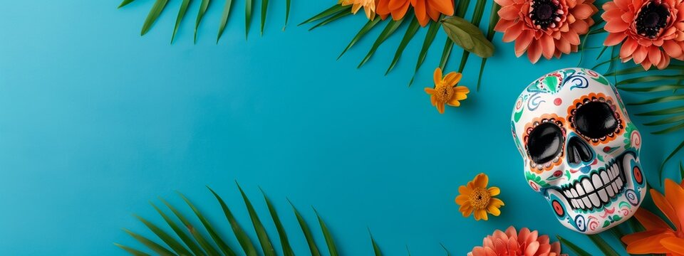 Background with sugar mexican skull and flowers. Symbol of day of the dead. Celebration of memorial day. Dia de muretos.