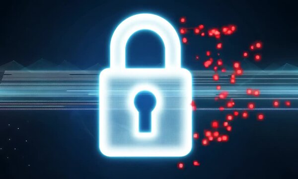 Digital Security Under Threat: A glowing padlock, a symbol of online safety, stands resilient against a barrage of encroaching red threats in a digital landscape. 