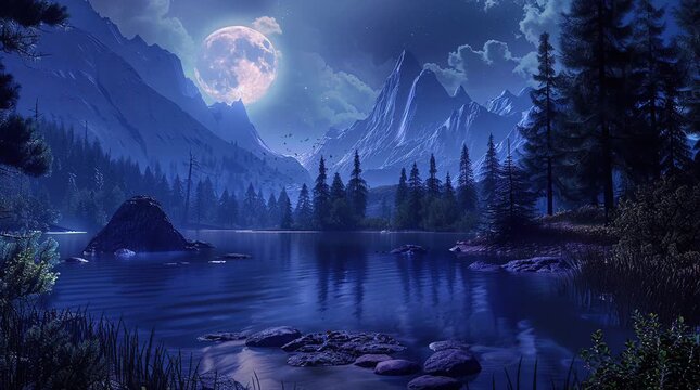 Fantasy landscape featuring a lake by a pine forest under a full moon in the sky
  Seamless looping 4k time-lapse virtual video animation Generated AI