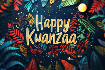 Obraz premium Festive Happy Kwanzaa design with hand-lettered text against a vivid, colorful backdrop with bright candles. Perfect for greeting cards, banners, and posters