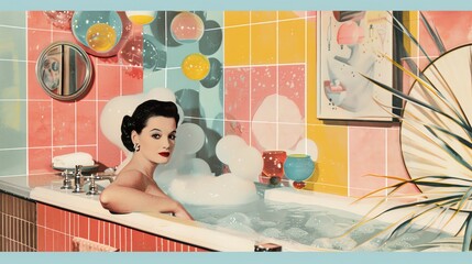 1950s Luxurious Bathroom Advertisement: Stylish Woman in a Bubble Bath with Colorful Retro Tiles - Generative AI