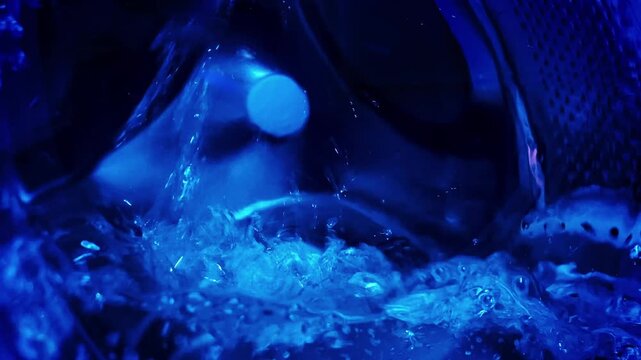 Close-up of a washing machine drum spinning with water.