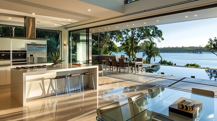 Fototapeta premium Modern kitchen with a frameless glass wall showcasing the lake 
