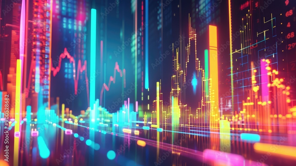 Poster Abstract Digital Cityscape with Neon Lights and Data Visualizations
