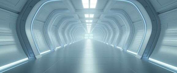 Fototapeta premium Futuristic Space Station Corridor with Modern Lighting and Sleek Design, Sci-Fi Concept, Ideal for Technology and Entertainment Themes, White Interiors and Symmetrical Architecture