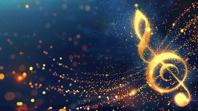 International Strange Music Day. World Music Day. Abstract background with golden music note and light effect on blue background. Concept of musical and concert banner or poster. Copy space area 