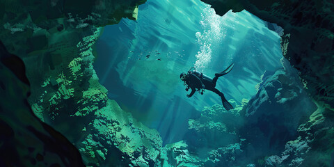 Cave Diving Adventure: Daring explorers diving into subterranean water caves, exploring underwater passages