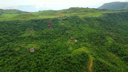 Aerial view of meghalaya cherrapunji near dainthlen falls and wei sawdong falls in India. The beautiful landscape view of east khasi hills cherrapunji mawsynram reserve forest in meghalaya India.