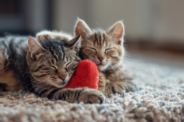 Fototapeta premium Cute tabby kitten cuddling a red heart-shaped toy on a cozy carpet.