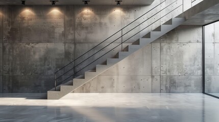 Obraz premium Urban Chic Industrial Staircase with Concrete Steps and Iron Railing in Ambient Light