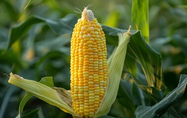Ears of corn on natural, Fresh corn on tree with sunlit background, Close-Up of corn on tree in nature.