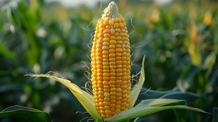 Obraz premium Ears of corn on natural, Fresh corn on tree with sunlit background, Close-Up of corn on tree in nature.