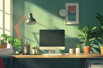 A cozy minimalist home workspace featuring a comfortable chair, desk, and laptop, symbolizing the work-from-home trend. The setting emphasizes a peaceful and productive environment