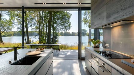 Modern kitchen with a retractable window wall facing the lake 