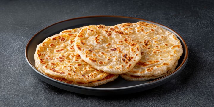 a beauitful photographic shot of three Malabar Parotta on a plate for advertisement purpose, Paratha made of refined wheat flour, front view, photorealistic, food photography