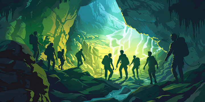 Cave Exploration Adventure: A team of explorers navigating through a maze of underground passages, facing challenges and discoveries along the way