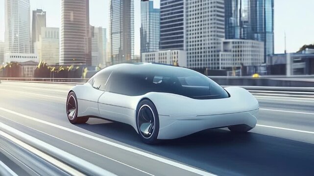 Experience the future of travel with a sleek autonomous vehicle gliding through a vibrant cityscape at sunset in stunning 4K. Car