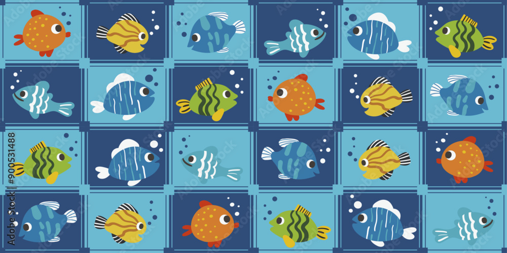 Poster marine tile pattern of fish, each tile has its own fish. stylish fish pattern.
