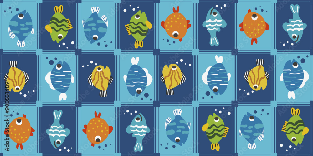 Poster Fishes on a checkerboard tile. Seamless pattern with fish.