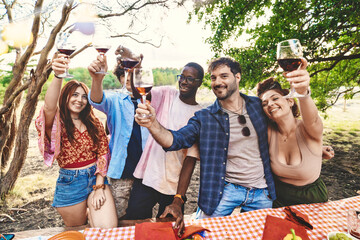 Diverse group of friends toasting with wine outdoors, friendship and celebration concept