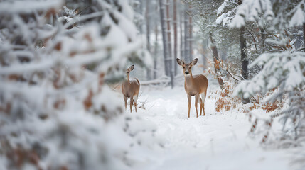Fototapeta premium Majestic deer gracefully roam through a peaceful winter forest blanketed in pristine white snow.
