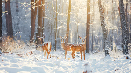 Fototapeta premium Majestic deer peacefully roam through a snowy forest, captured in a raw natural style photo.