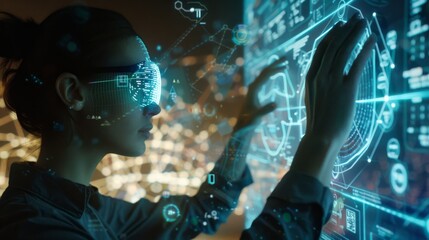 person in a mask touching screen 