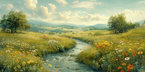 Serene Meadow with Meandering Stream in Lush Countryside Landscape