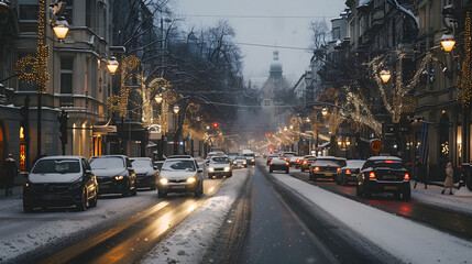 Snowy street scene with cars cautiously navigating icy roads in winter, under streetlights at night.