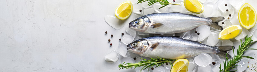 Obraz premium White background with space for text, fish on ice and lemon slices, herbs and spices, banner format, top view