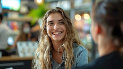 Happy Woman with Long Blonde Hair Smiles While Sitting in a Cafe - Realistic Image