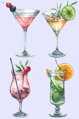 set with cocktails in watercolor style. Cocktails with fruits and berries