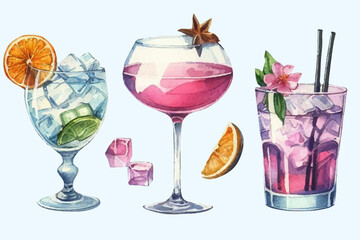 set with cocktails in watercolor style. Cocktails with fruits and berries