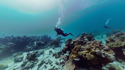 Two scuba divers explore a coral reef. The water is clear and blue, and the sun shines brightly overhead.