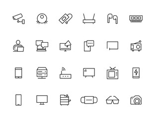 Device and technology line icon set. Electronic devices and gadgets, computer, equipment and electronics. Computer monitor, smartphone, tablet and laptop simple icon collections