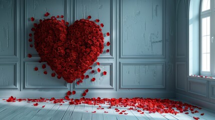 Valentine's Day roses,realistic red roses arranged in a large heart shape frame layout against a wall centered and a small amount of rose petals on the floor in a white room digital background