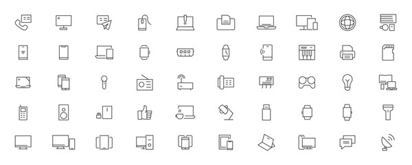 Device and technology line icon set. Electronic devices and gadgets, computer, equipment and electronics. Computer monitor, smartphone, tablet and laptop simple icon collections