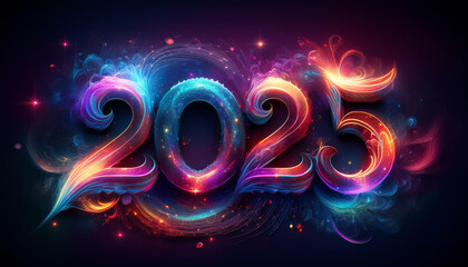 カレンダー。2025年を想像しながら、数字が輝くSFとファンタジーの世界に思いを馳せる。宇宙とギャラクシーの広大な広がりを背景に、コスモがカラフルな彩りと高い彩度で発光し、未来の明るい希望にワクワクが止まらない。