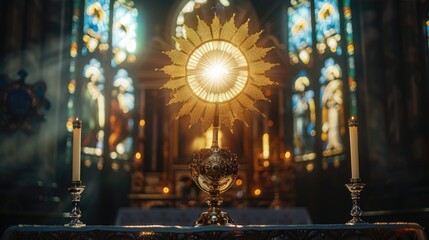 Obraz premium Sacred church altar featuring a glowing monstrance, candle, and chalice, bathed in soft light and framed by stained glass