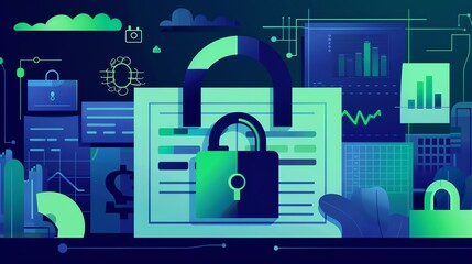 A dark blue background with a glowing green lock in the center.