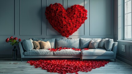 Valentine's Day roses,realistic red roses arranged in a large heart shape frame layout against a wall centered and a small amount of rose petals on the floor in a white room digital background