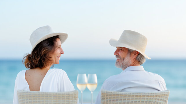 A senior couple in hats sits on the beach, facing each other and smiling. Glasses of wine are on the table before them. The serene ocean and sky in the background enhance their romantic evening.