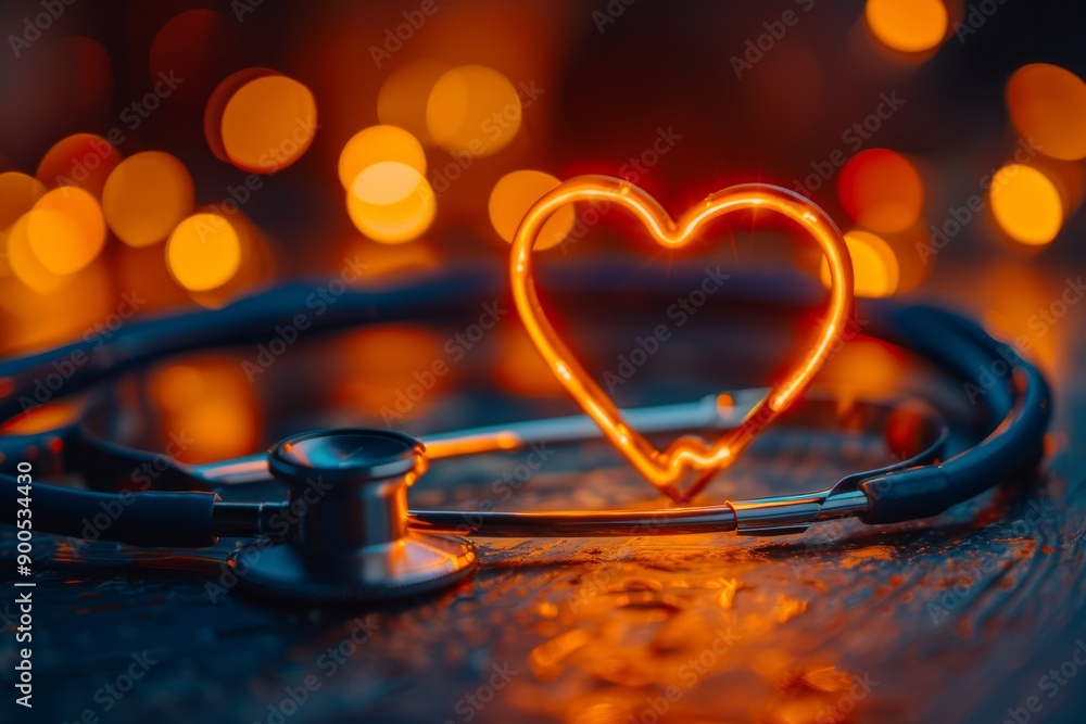 Poster stethoscope with glowing heart pulse line on wet reflective surface in a serene healthcare setting