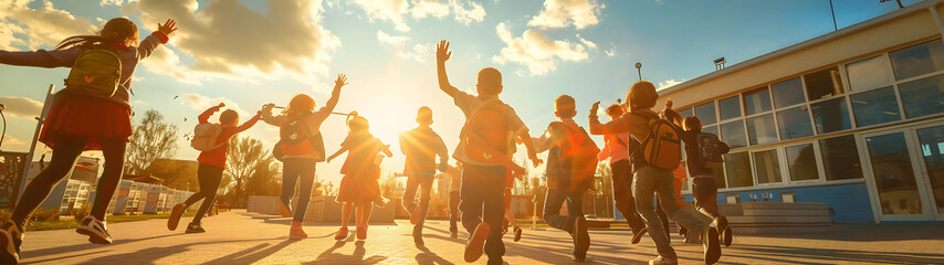Fototapeta premium Joyful school children running to school in the town street in autumn. Back to school concept.