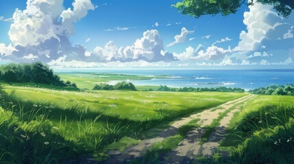 Serene anime landscape, green fields, long road to the ocean, picturesque and tranquil