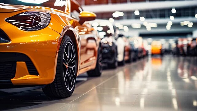 A lineup of colorful luxury cars in a show room, showcasing a prominent orange car in front with a focus on the headlight and grille, video HD